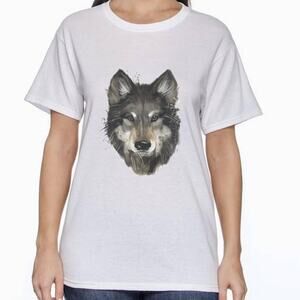 New Hand Printed Womens Large Grey Wolf Crew Neck Short Sleeve Tee Shirt